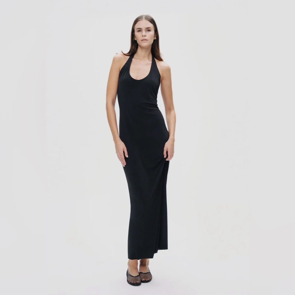 Nocturne Halter Black Jersey Maxi Dress Silver Metal Hardware Detail L NWT